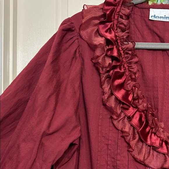 Denim 24/7 Wine Ruffle Cotton Blouse Button up with Lace Trim Fancy size 22 - Picture 4 of 14